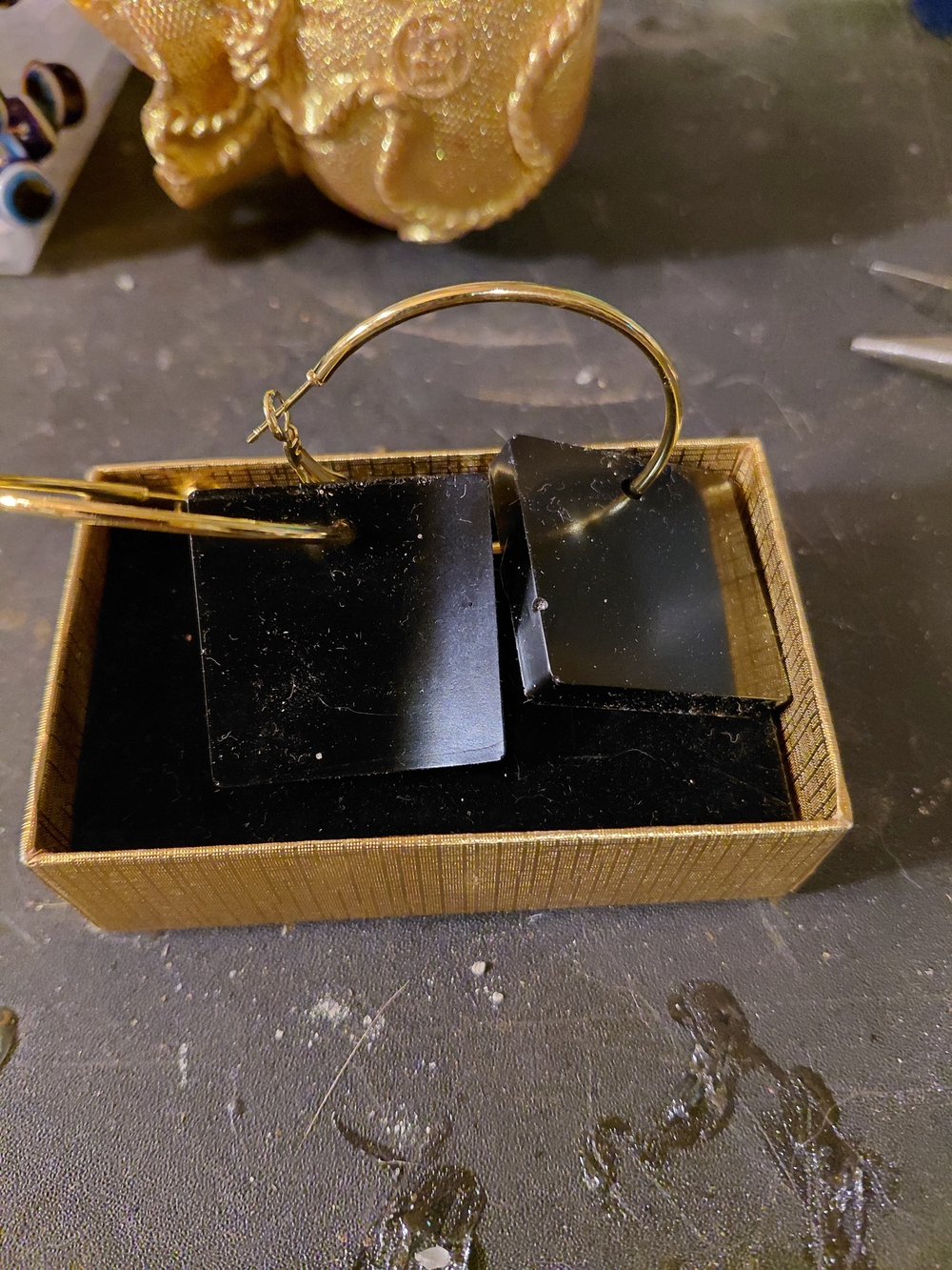 Gold-Tone Hoop Earrings with Black Square Pendants